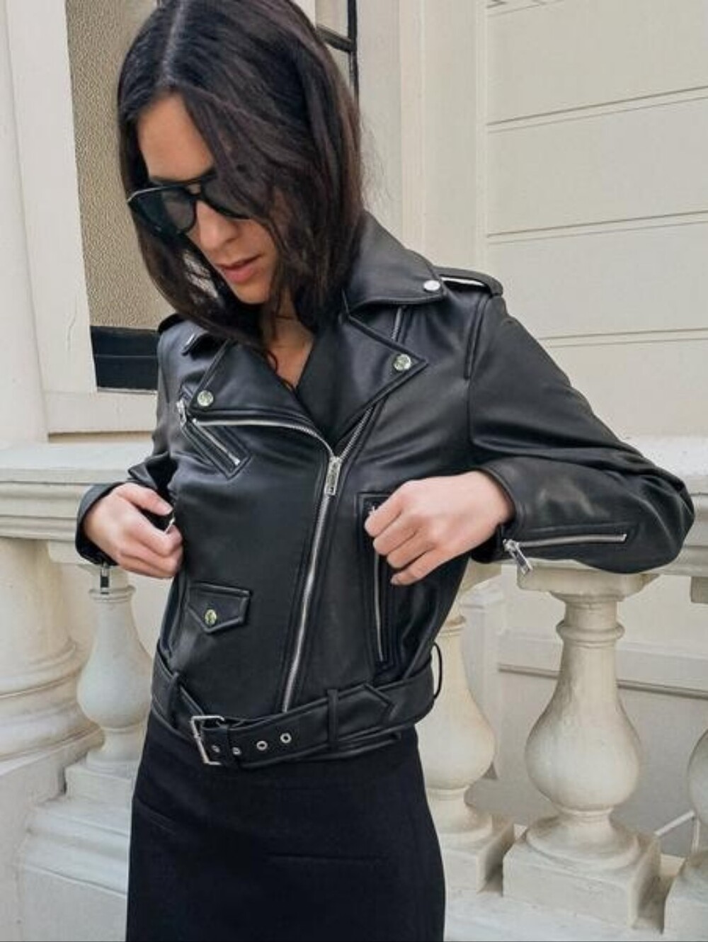 Zara 100% Genuine Leather Cropped Biker Jacket Silver Black S